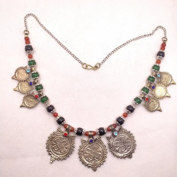 Vintage Coins With Beaded Chain Choker Necklace, Tribal Coins Choker Necklace, - Picture 1 of 6